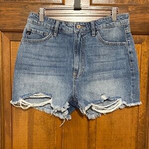 KanCan denim shorts high-rise waist and distressed frayed hem Size 9